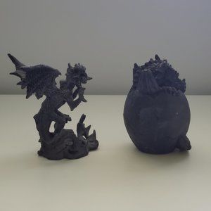Halloween Witch Decor Two Small Dragon Statues Dragon Egg Hatching Black Gray
